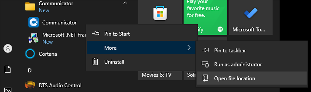 Open file location from Start Menu